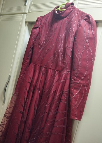 Bordo Uzun Kollu Drapeli Kadın Abiye - Görsel 9