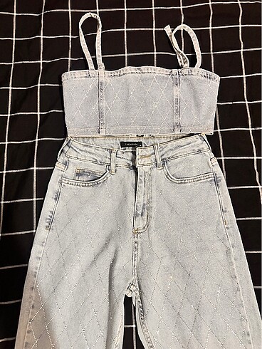 Parlak Taşlı Jeans pantalon bluz Takım