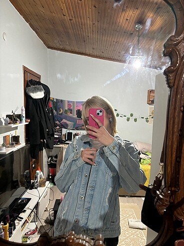 Arkası desenli unisex oversize kot ceket hipster - Görsel 2