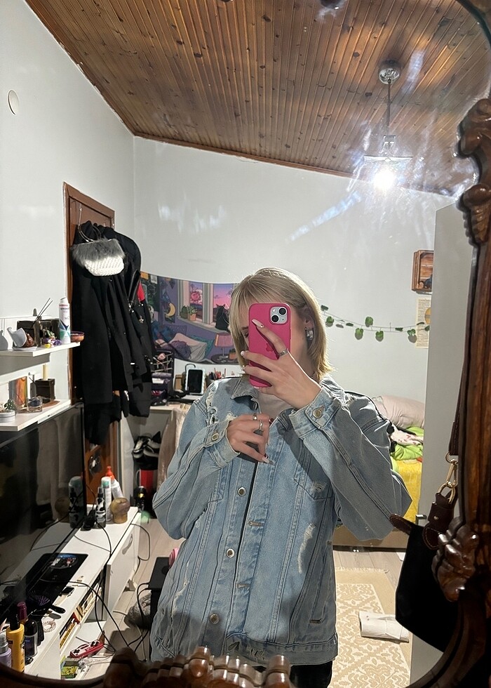 Arkası desenli unisex oversize kot ceket hipster - Görsel 2