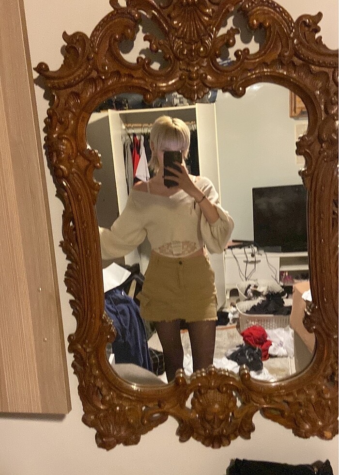 Açık kahve camel kot mini etek - Görsel 2