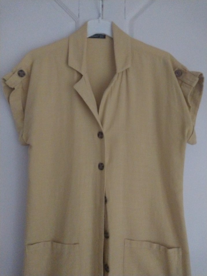 Bej Düğmeli Kolsuz Midi Keten Elbise - Görsel 3