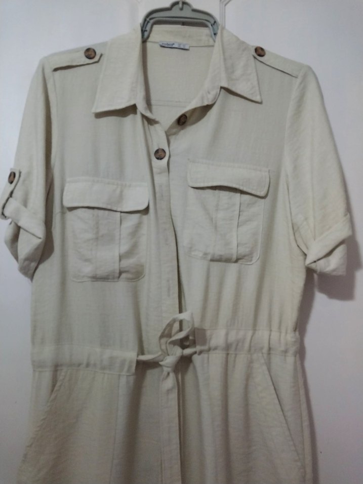 Bej Kemerli Keten Uzun Kadın Elbise - Görsel 3