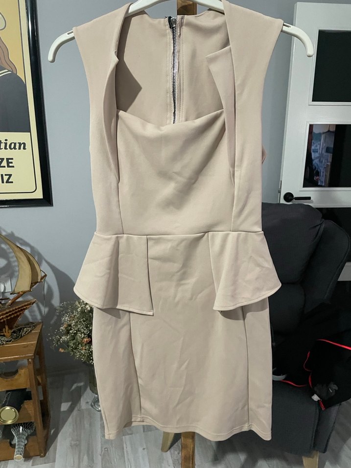 Bej Drapeli Kolsuz Midi Elbise 310 - Görsel 3