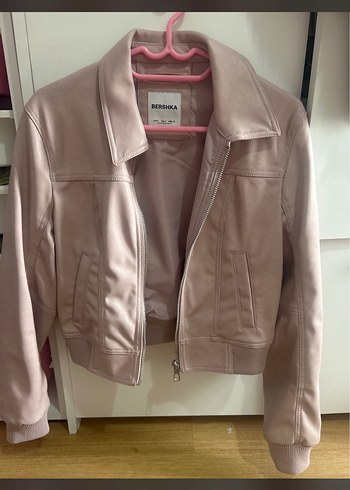 Kadın Pudra Süet Deri Ceket BERSHKA pembe deri ceket - Görsel 5