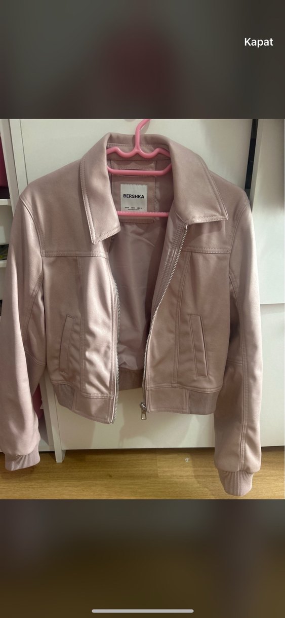 Kadın Pudra Süet Deri Ceket BERSHKA pembe deri ceket - Görsel 5