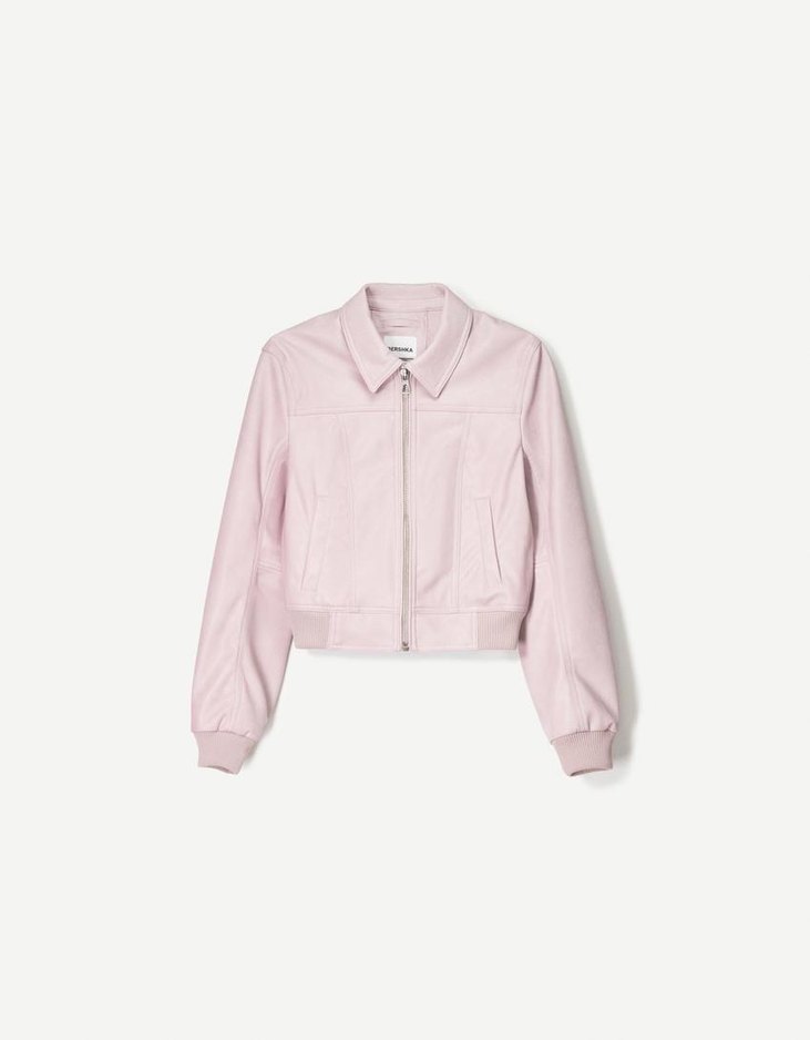 Kadın Pudra Süet Deri Ceket BERSHKA pembe deri ceket - Görsel 2