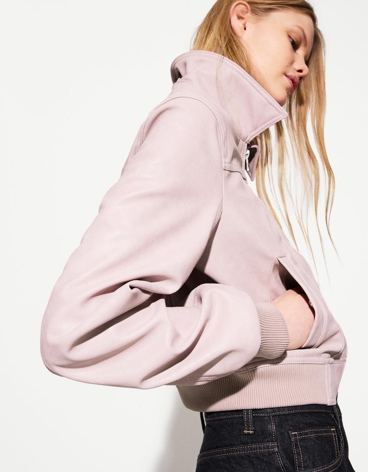 Kadın Pudra Süet Deri Ceket BERSHKA pembe deri ceket - Görsel 3