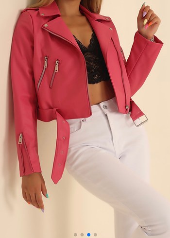 Pembe Kemerli Deri Kadın Ceket - Görsel 3