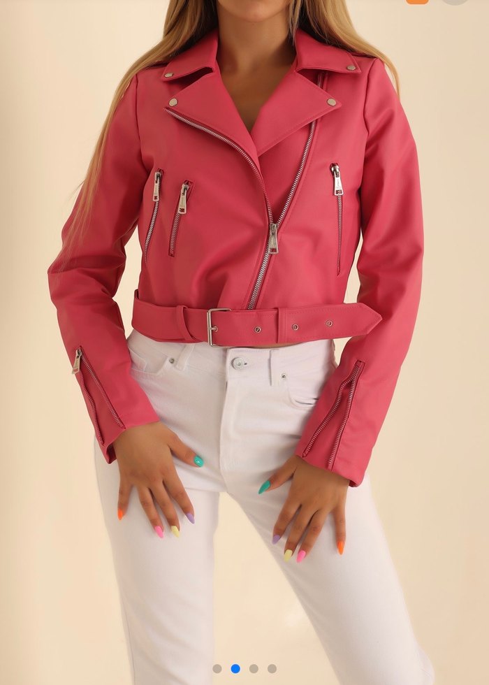 Pembe Kemerli Deri Kadın Ceket - Görsel 2