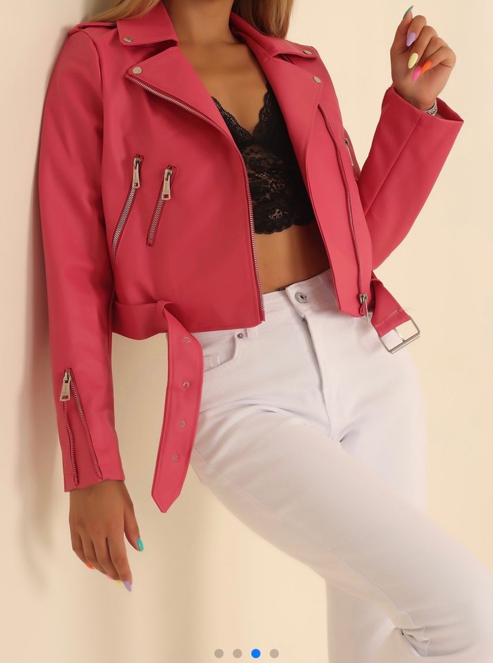 Pembe Kemerli Deri Kadın Ceket - Görsel 3
