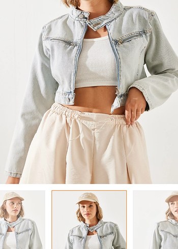 Bağlama Desenli Kısa Kot Ceket - Görsel 3