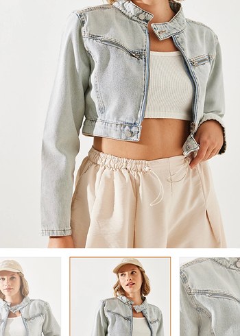 Bağlama Desenli Kısa Kot Ceket - Görsel 4