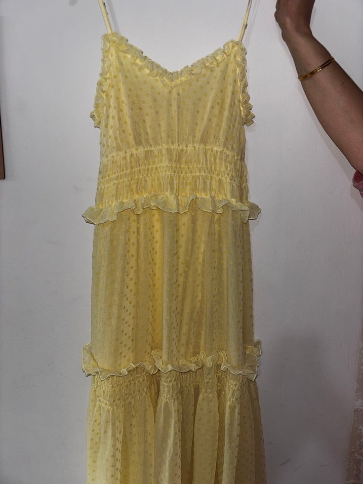Sarı Uzun Askılı Fırfırlı Bohem Elbise - Görsel 3