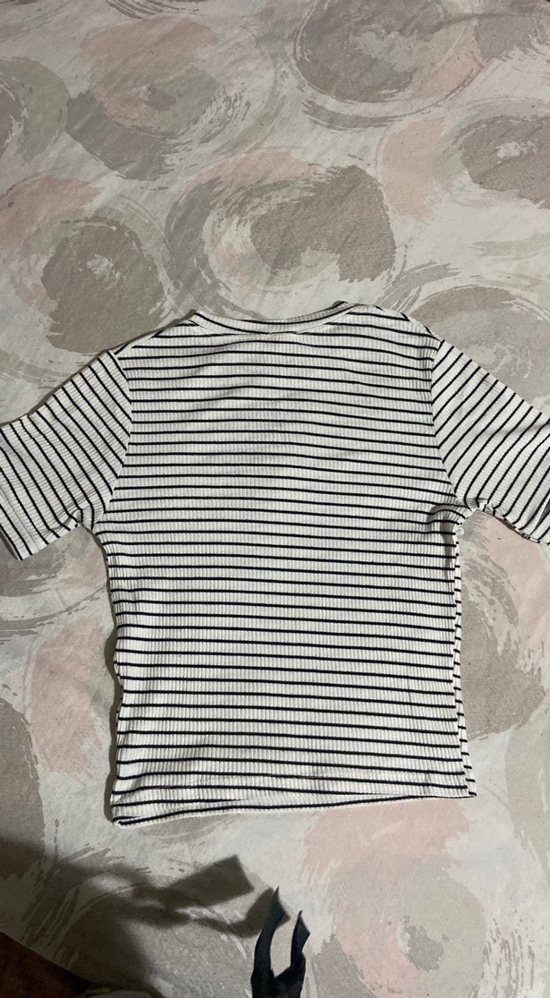 Kadın Çizgili Kısa Kollu Pamuklu Tişört - Görsel 2