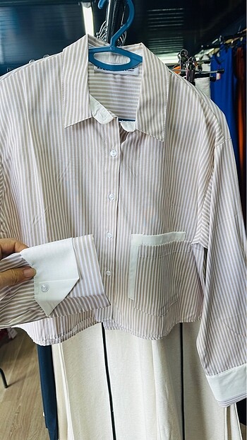 Çizgili Poplin Gömlek Crop İhraç Fazlası