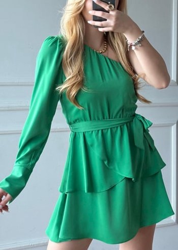 Yeşil saten Fırfırlı tel Kollu Mini Elbise