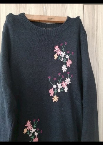 xxl Beden Nakışlı Siyah Triko Midi Tunik elbise olarak da kullanılabilir