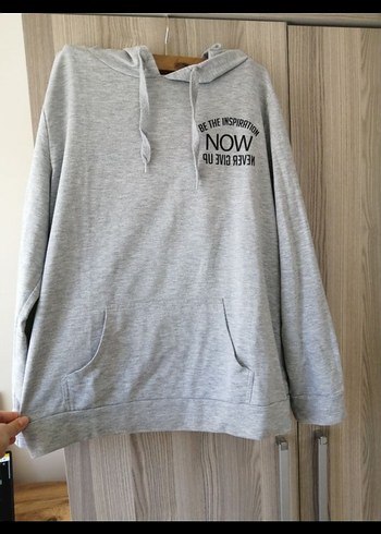 xl Beden Gri Kadın Kapüşonlu Sweatshirt Düğmeli