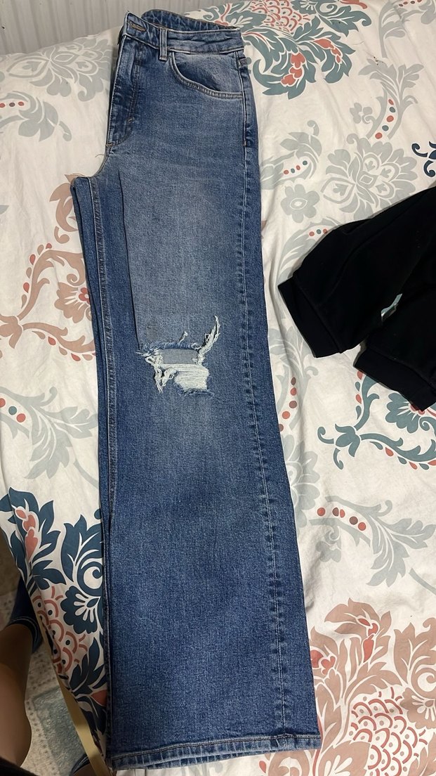 Kadın Mavi Bol Kesim Yırtık Midi Kot Pantolon - Görsel 2