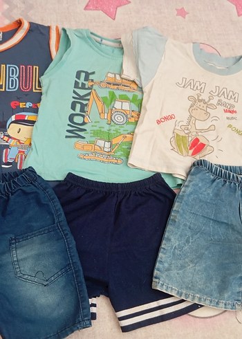 2 Yaş Beden Renkli Denim Erkek Bebek Kısa Kollu Takım