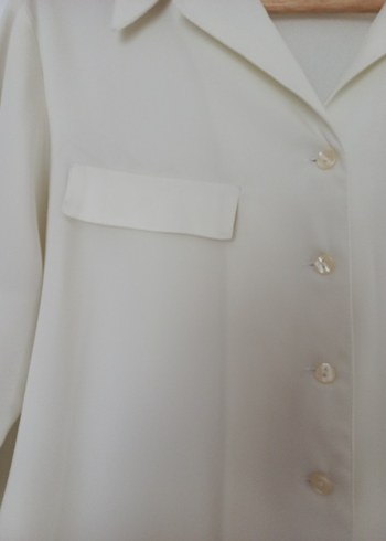 Ekru Kadın Düğmeli Uzun Kollu Gömlek - Görsel 3