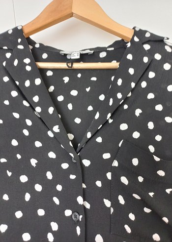 Kadın Siyah Beyaz Puantiyeli Uzun Kollu Gömlek - Görsel 7