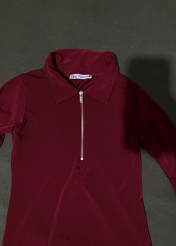 Bordo Fermuarlı Uzun Kollu Kadın Bluz