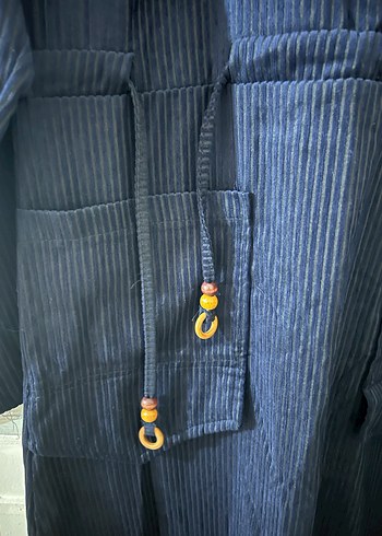 Düğmeli Lacivert Kadın Kadife Uzun Elbise - Görsel 3