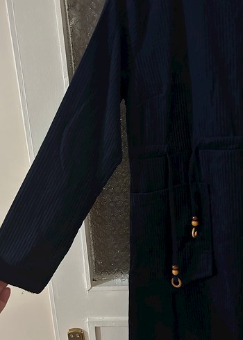 Düğmeli Lacivert Kadın Kadife Uzun Elbise - Görsel 2