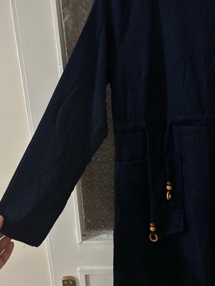 Düğmeli Lacivert Kadın Kadife Uzun Elbise - Görsel 2