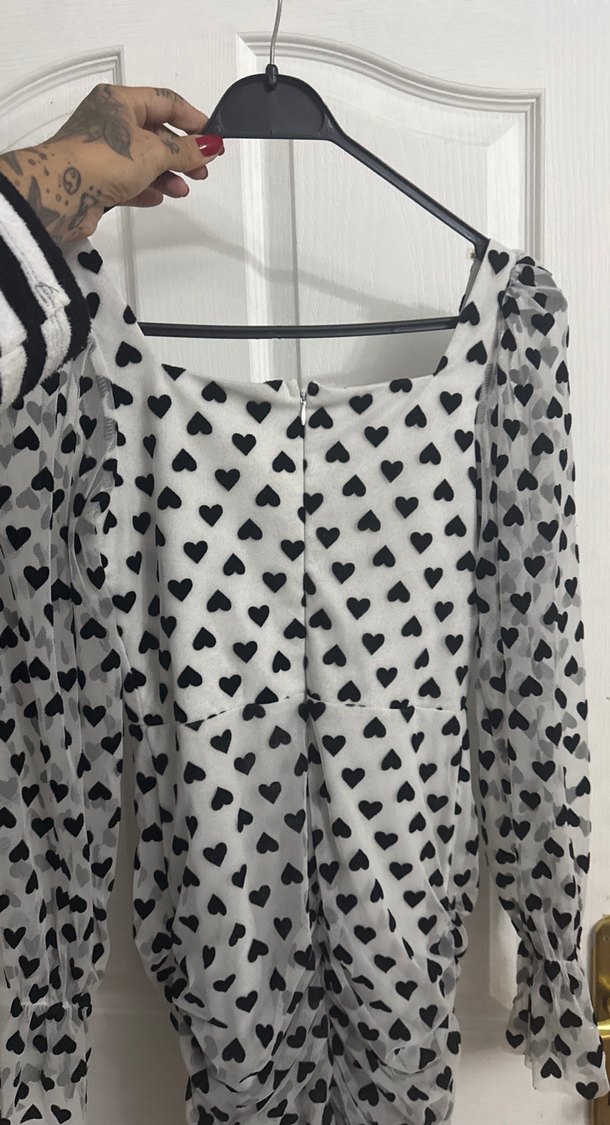 Uzun Kollu V Yaka Gri Puantiyeli Mini Elbise - Görsel 4