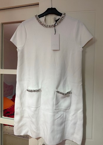 Zara Beyaz Taşlı Kısa Kollu Kadın Elbise - Görsel 5