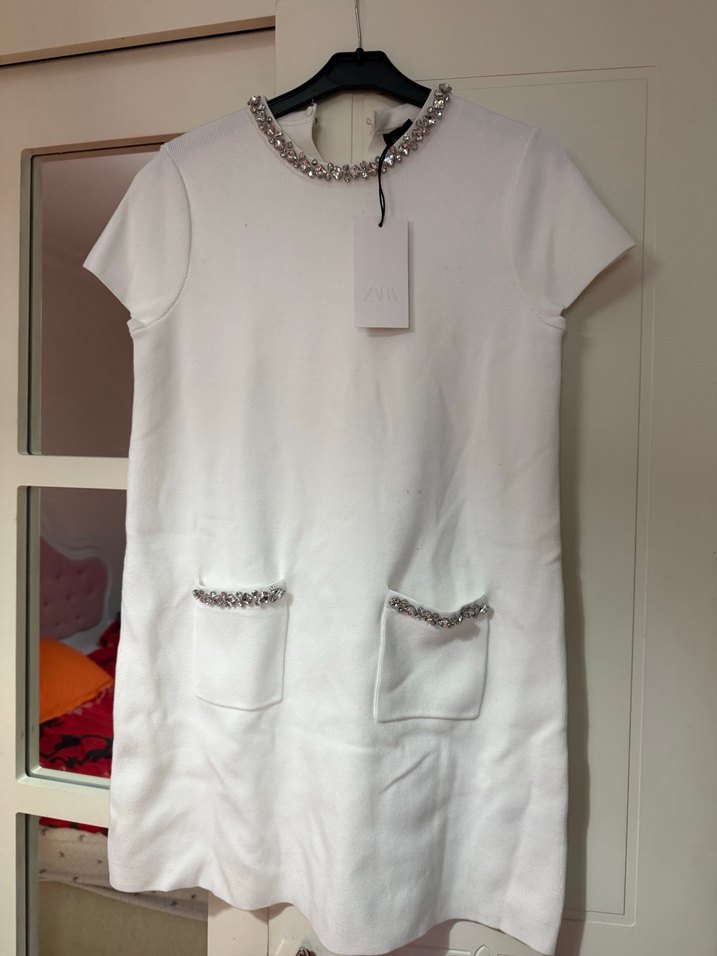 Zara Beyaz Taşlı Kısa Kollu Kadın Elbise - Görsel 5