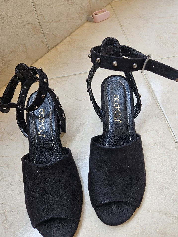 Kemerli Siyah Yılan Desenli Platform Topuklu - Görsel 3