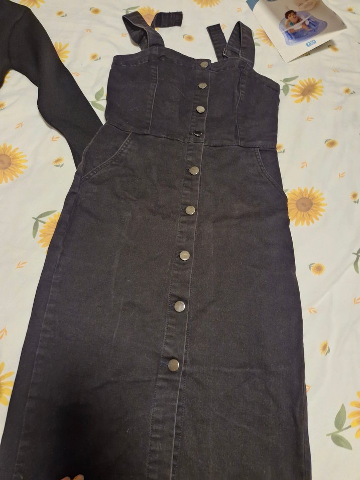 Kadın Siyah Uzun Denim Askılı Tulum - Görsel 2