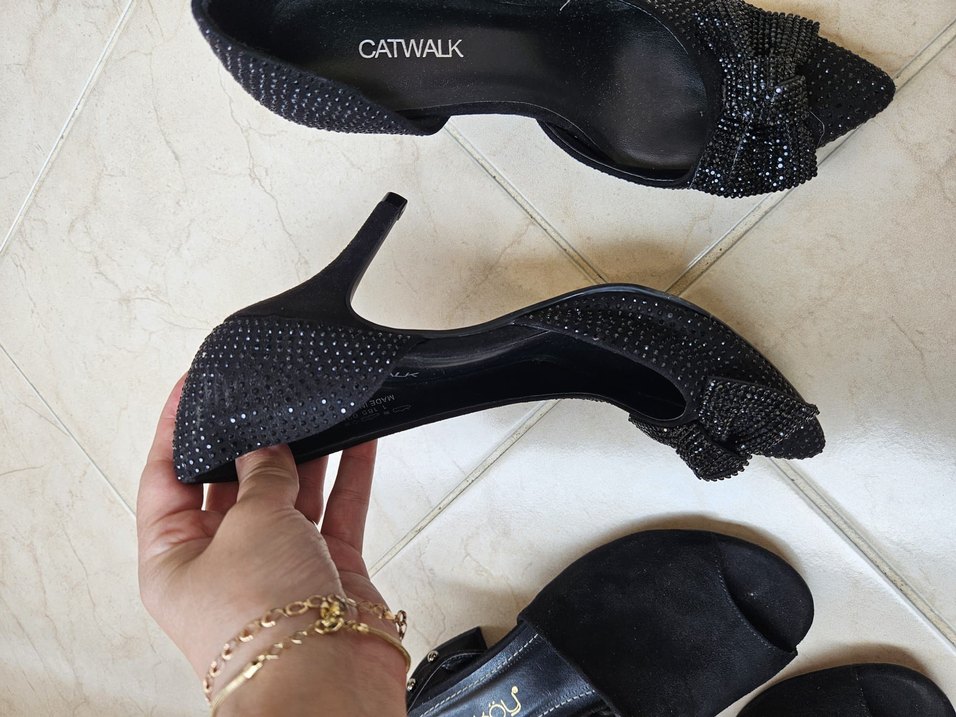 Siyah Yılan Desenli Payetli Dolgu Topuklu Abiye Ayakkabı - Görsel 2