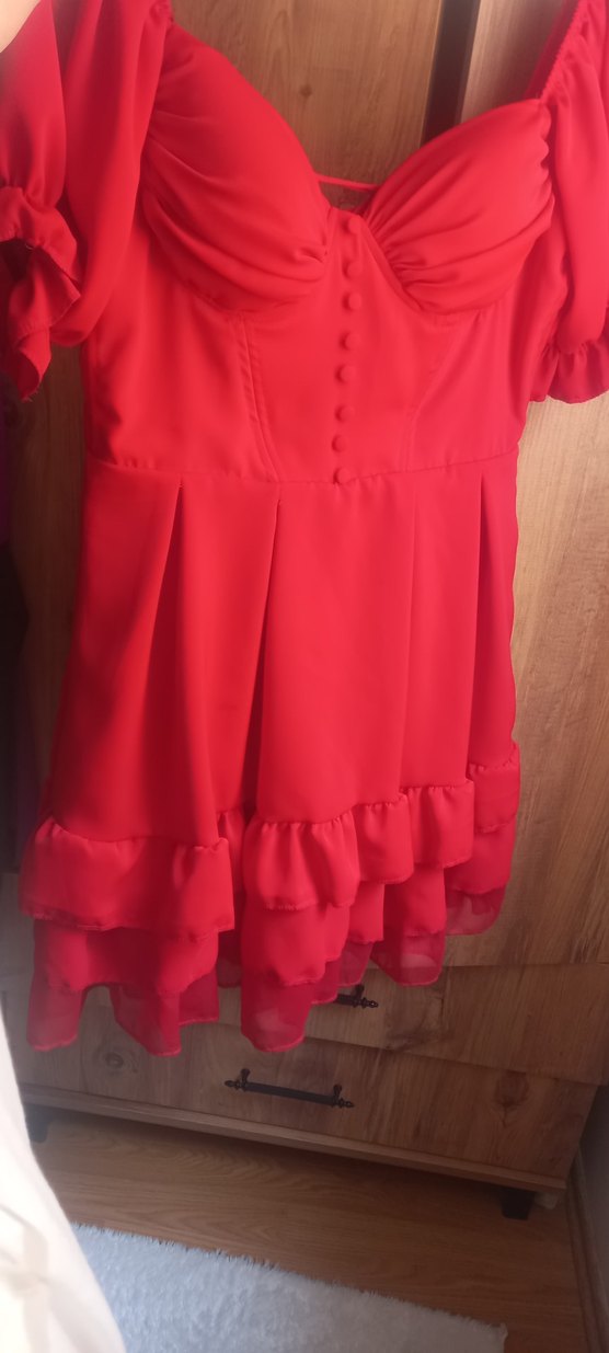 Kırmızı Drapeli Mini Straplez Elbise - Görsel 2