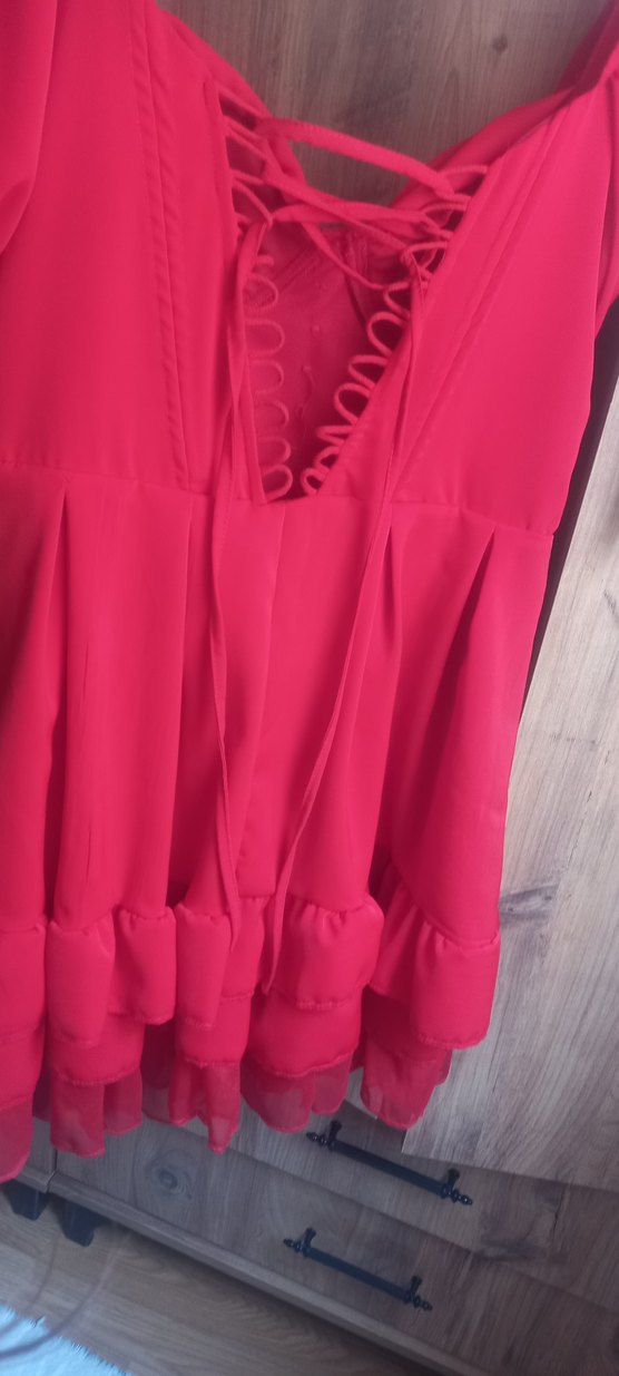 Kırmızı Drapeli Mini Straplez Elbise - Görsel 3