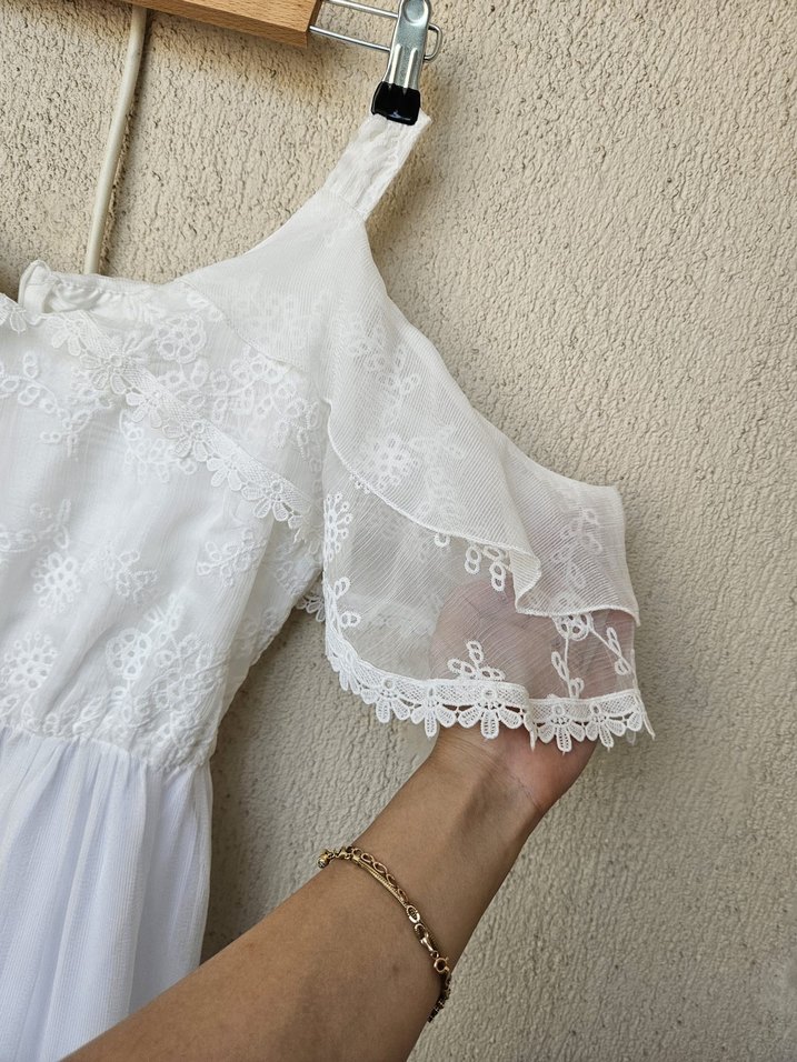Dantel Detaylı Beyaz Bohem Uzun Elbise - Görsel 4