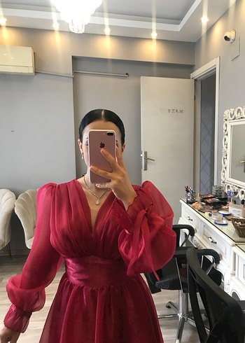 Bordo Uzun Kollu V Yaka Kadın Abiye Elbise - Görsel 2