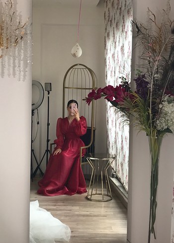 Bordo Uzun Kollu V Yaka Kadın Abiye Elbise - Görsel 4