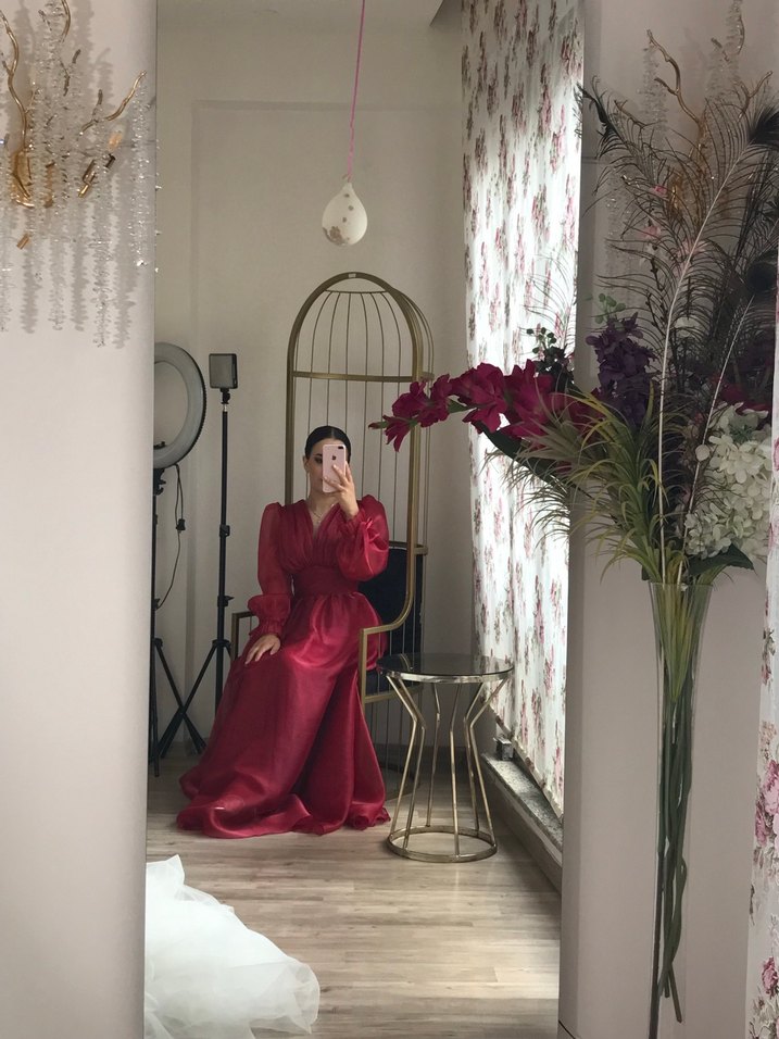 Bordo Uzun Kollu V Yaka Kadın Abiye Elbise - Görsel 4