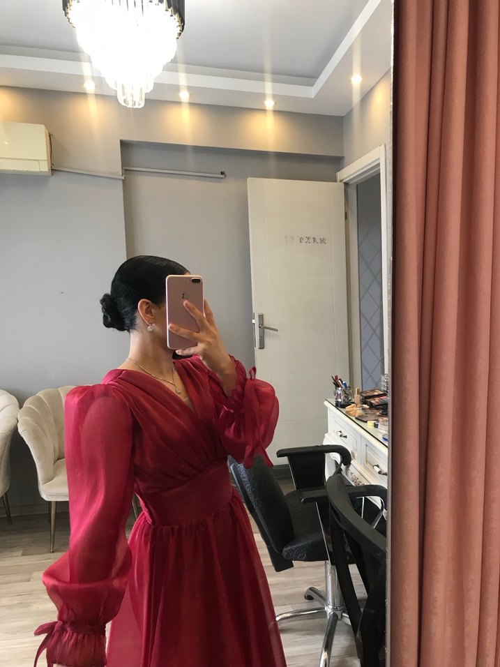 Bordo Uzun Kollu V Yaka Kadın Abiye Elbise - Görsel 3