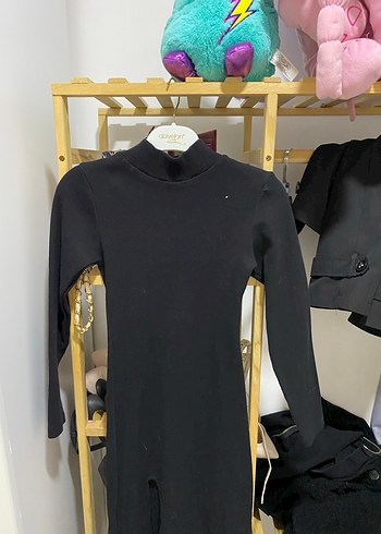 Siyah Yüksek Yakalı Uzun Kollu Elbise - Görsel 3