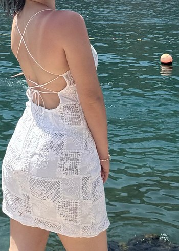 Beyaz Dantel Mini Elbise - Görsel 2