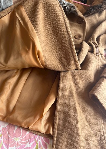 Kürklü Kapüşonlu Camel Kaban - Görsel 5