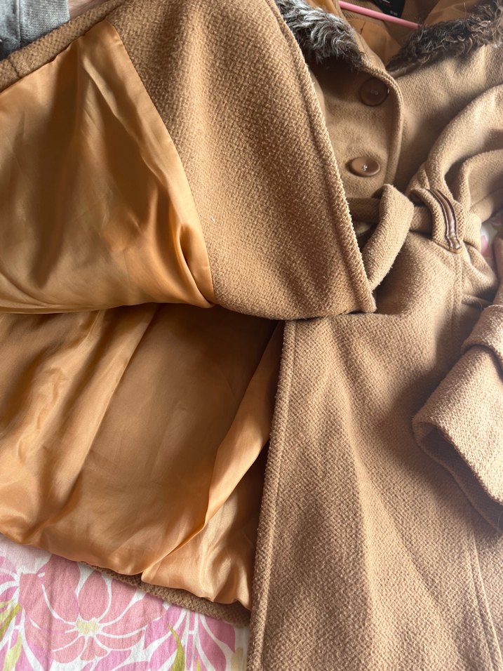 Kürklü Kapüşonlu Camel Kaban - Görsel 5