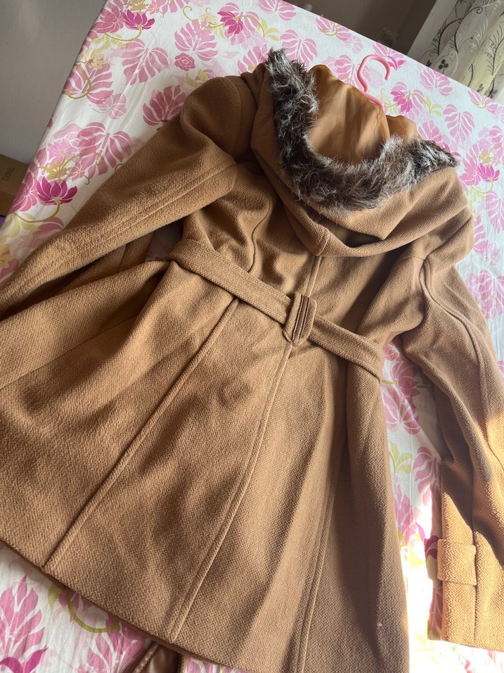 Kürklü Kapüşonlu Camel Kaban - Görsel 3