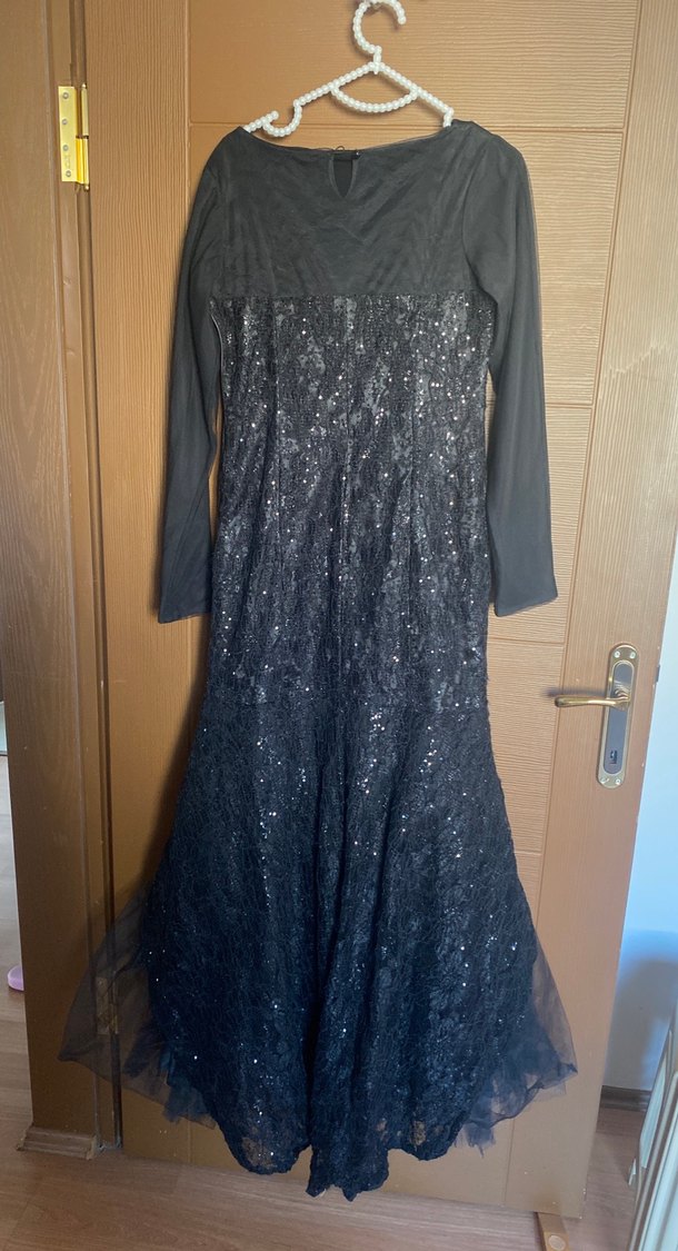 Uzun Siyah Gotik Straplez Abiye Elbise tesettür - Görsel 4